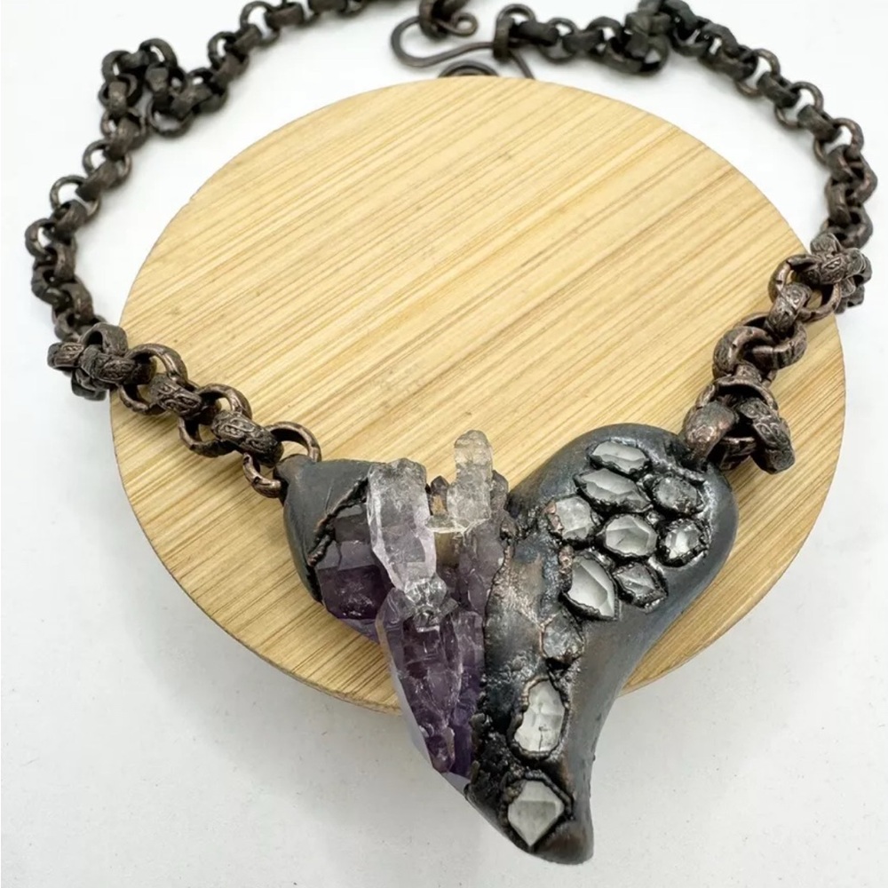 Artisan Copper Heart & Gemstone Amulet Amethyst Necklace